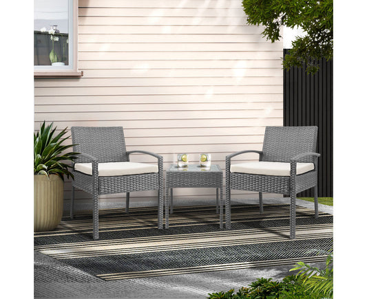 3PC Patio Furniture Bistro Set Wicker Outdoor Lounge Setting Grey